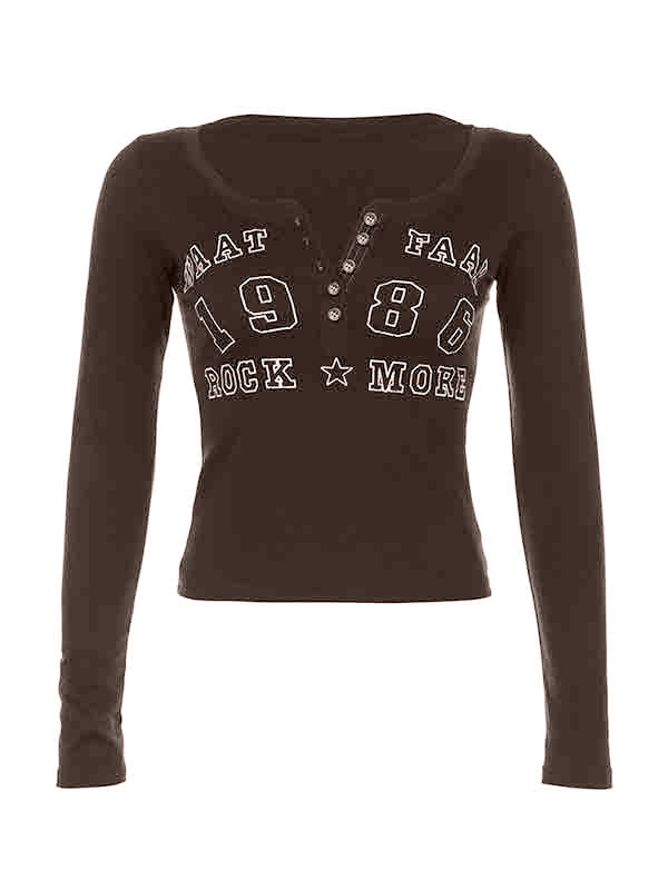 Number Letter Print Breasted Slim Long Sleeve Tee