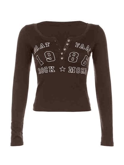 Number Letter Print Breasted Slim Long Sleeve Tee