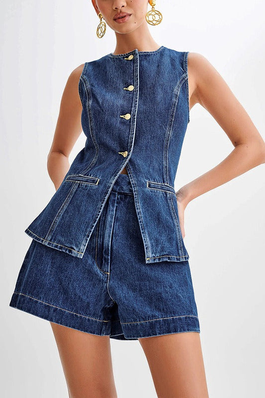 Casual High Waist Vest Denim Shorts Set