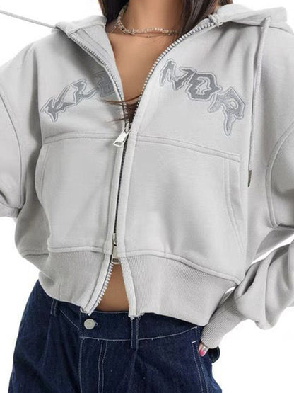 Letter Embroidery Double Zipper Short Oversized Hoodie
