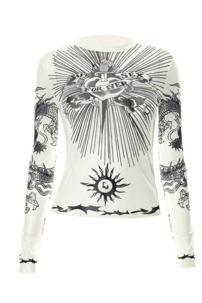 Y2K Punk Graphic Full Sleeve See Through T-shirt