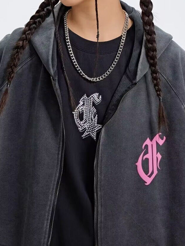 Distressed Contrast Color Embroidered Zip Up Oversized Hoodie