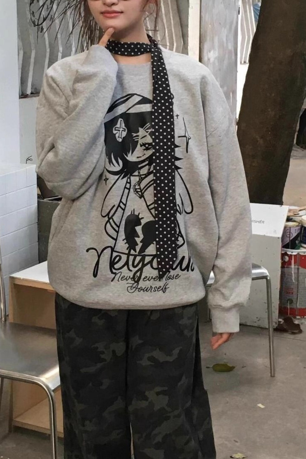Bandage Angel Print Grey Subculture Loose Sweatshirt