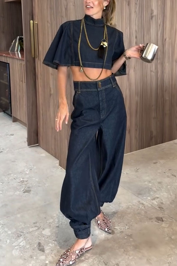 Luna Denim High Rise Pocket Adjustable Buckle Ankle Strap Harem Pants