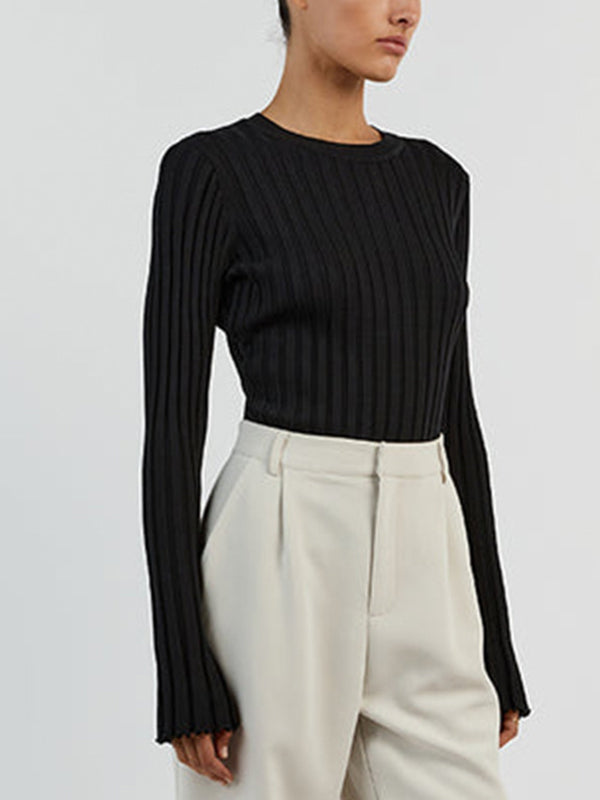 Solid Ribbed Crew Neck Long Sleeve Knit