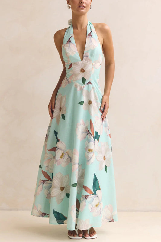 Floral Print V-neck Backless Tie-up Fitted Waist Elegant Maxi Dress