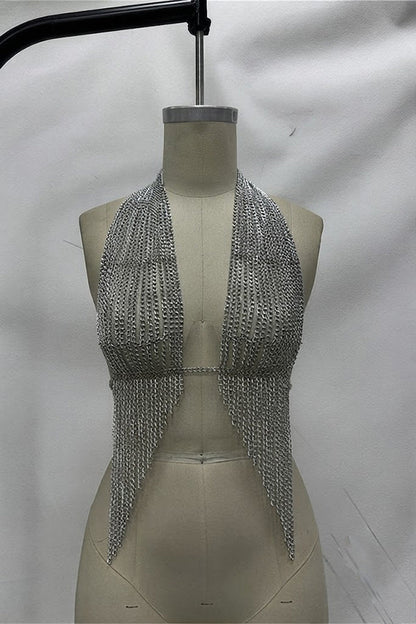 Silver Chainmail Tassel Halter Top Body Chain