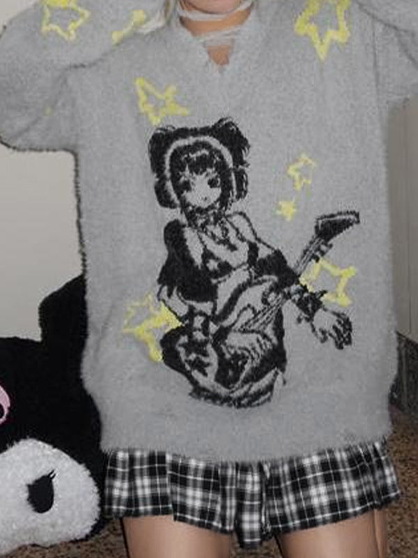 Anime Print V Neck Loose Sweater