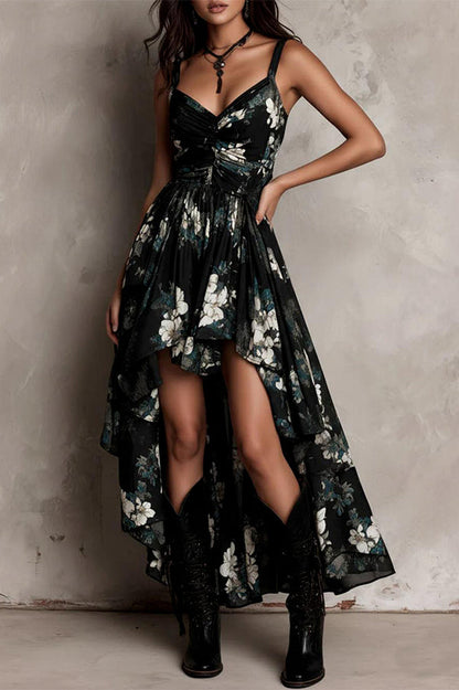 Midnight Wildflower High-Low Ruffle Floral Dress