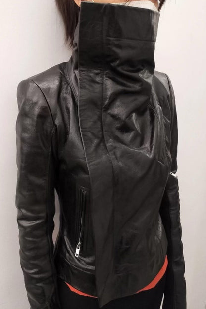 Deconstructed Lapel Waist-fit Short Leather Biker Jacket