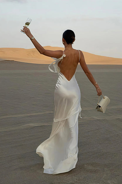 Solid Satin Floral Backless Elegant Maxi Dress