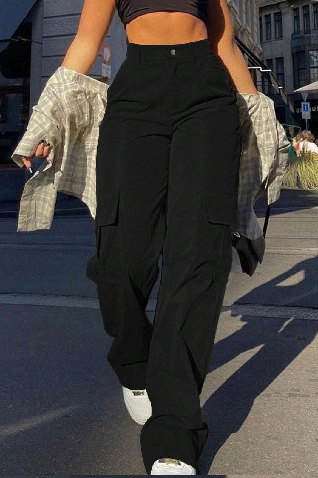 Street Style High Waist Multi Pocket Cargo Straight Loose Pants
