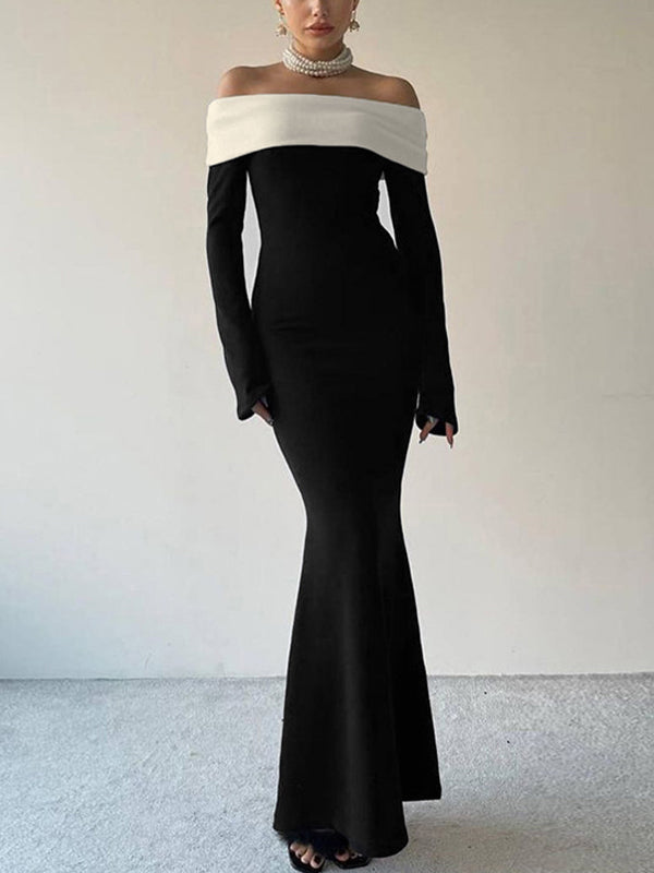 Contrast Color Trim Off Shoulder Long Sleeve Maxi Dress