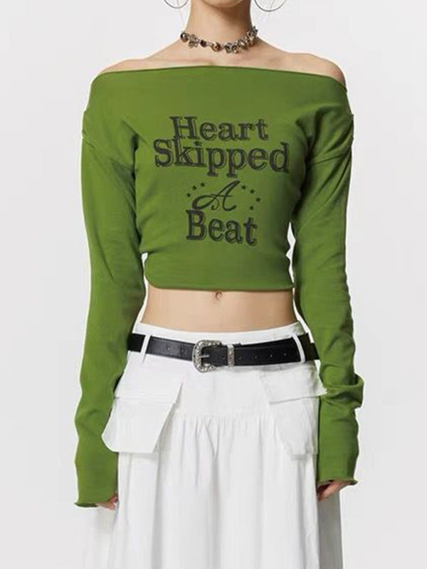 Off Shoulder Letter Print Long Sleeve Tee