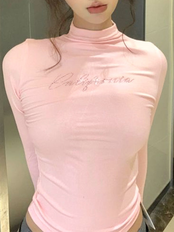 Letter Rhinestone Print Mock Neck Long Sleeve Tee