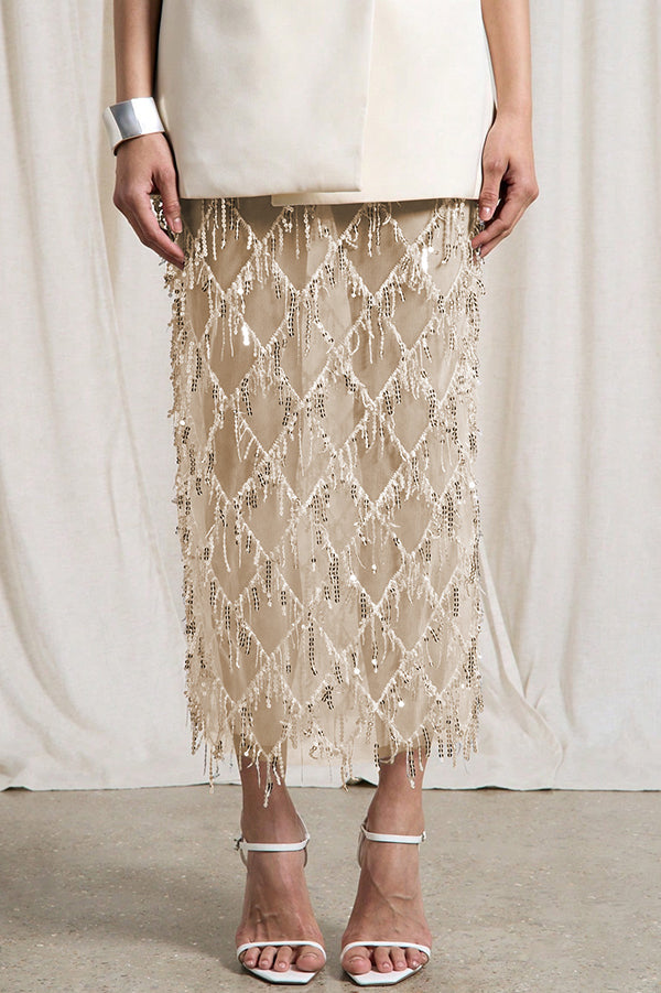 Fashionable Mesh See-through Sequined Tassel Midi Skirt