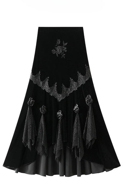 Gothic Embroidered Black Velvet Mermaid Skirt