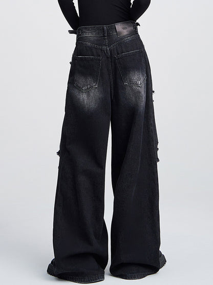Loose high-waisted versatile straight leg Ripped Jeans
