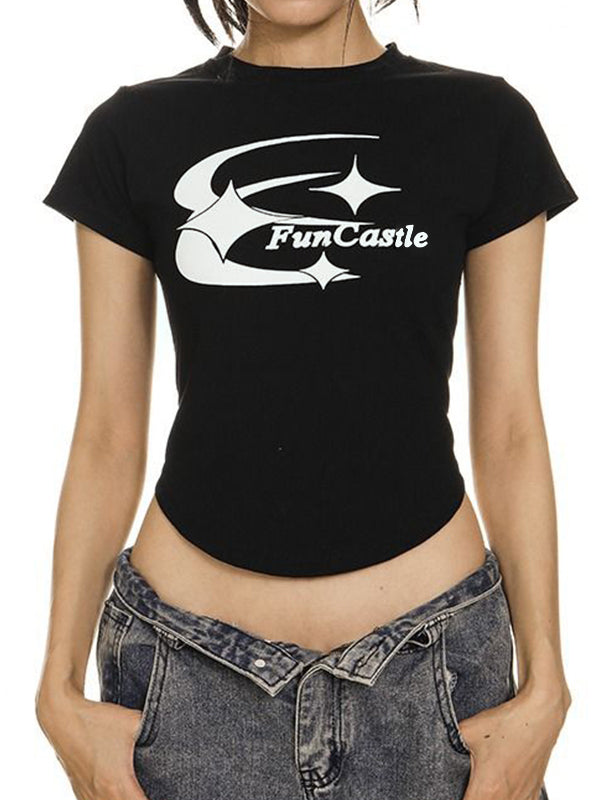 Vintage Print Curvy Hem Short Sleeve Tee