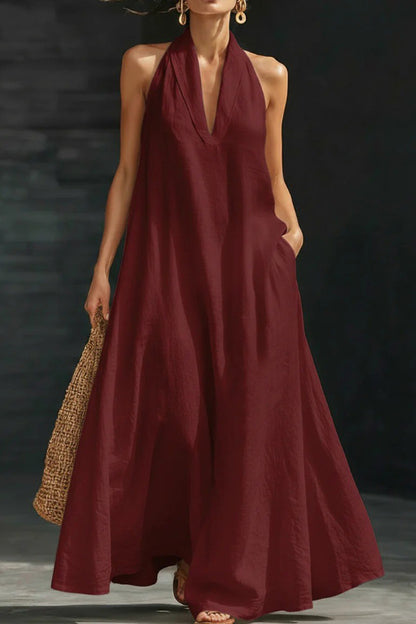Linen Blend Solid Color Loose V-neck Pocket Casual Maxi Dress