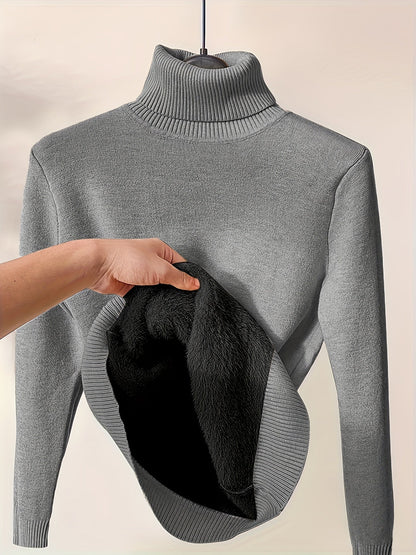 Elegante jersey de cuello alto de color liso para mujer con forro polar | Ideal para otoño/invierno