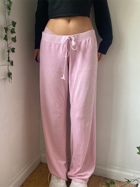 Letter Embroidered Print Drawstring Straight Leg Pants