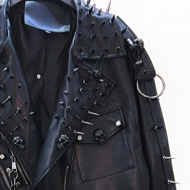 PU leather long sleeve zip-up rivet applique o ring top  | Festival Outfits Women