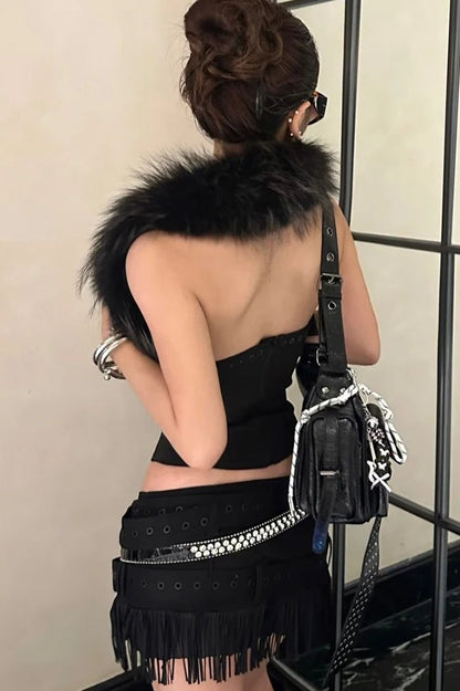 Furry Patchwork Halter Backless Corset