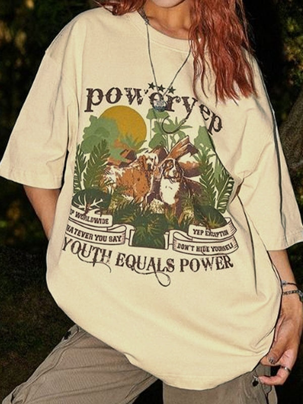 Vintage Dog Print Half Sleeve Oversized Short Sleeve Tee
