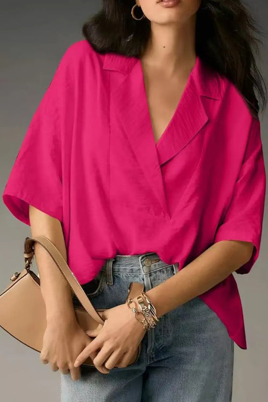 Solid Color Loose Lapel Short-sleeved Casual Shirt