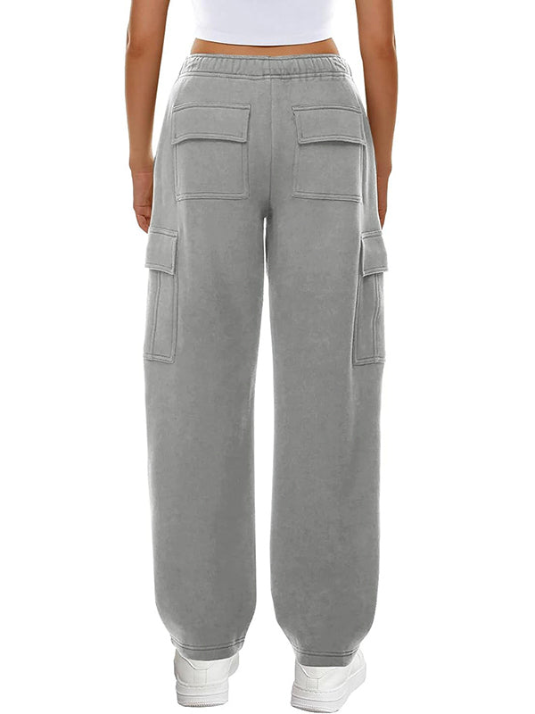 Solid Multi Pocket Elastic Waist Sweatpants