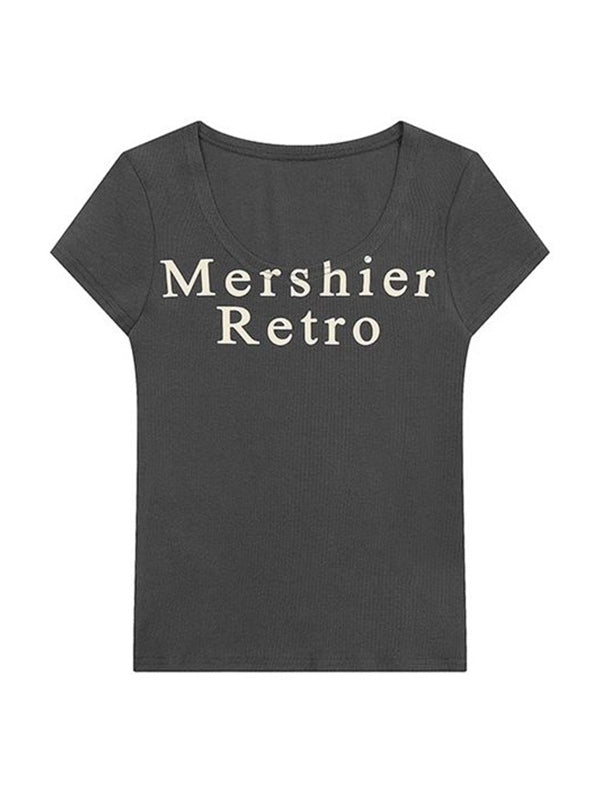 U Neck Letter Print Slim Short Sleeve Knit