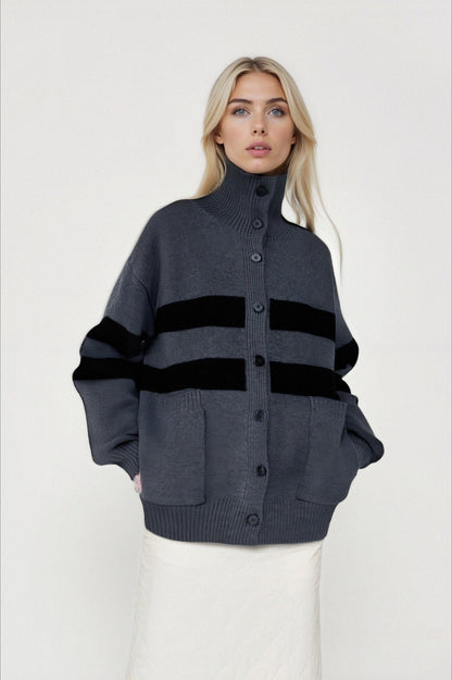 Color Block Stripe Turtleneck Loose Plus Size Knit Cardigan