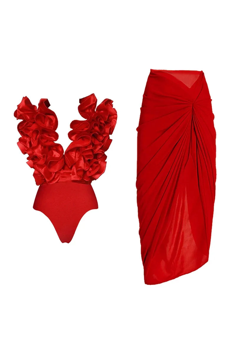 Conjunto de traje de baño rojo con escote en V y ribete de encaje