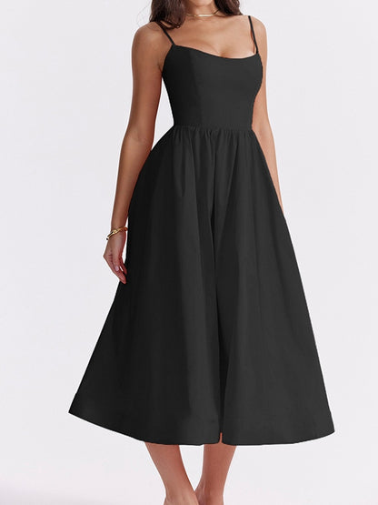 Solid Backless Cami A-line Midi Dress