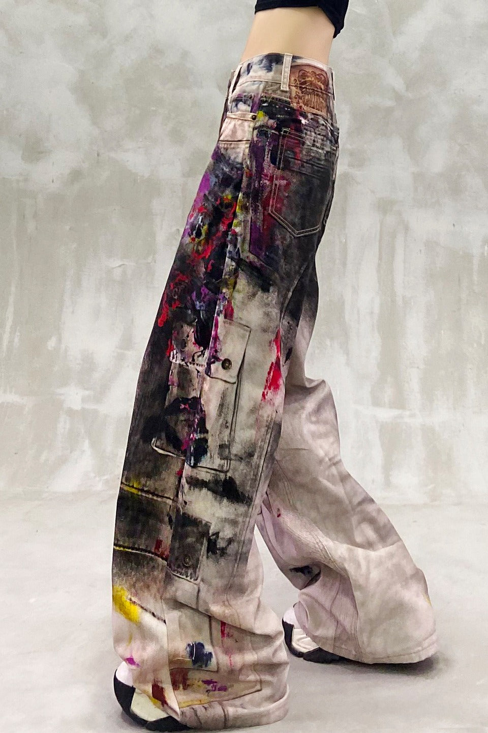 Retro Graffiti Print Denim Wide Leg Floor Pants