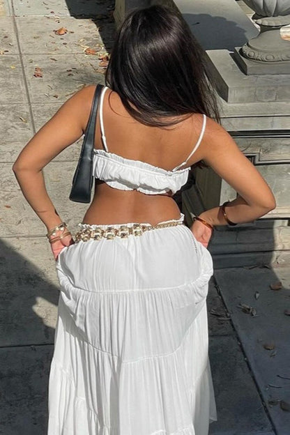 Vacation Style Solid Color Wrap Bodice Halter Skirt Set