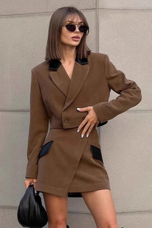 Brown Tweed Two Piece Blazer Skirt Set