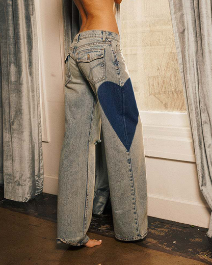 Heart-Print Straight-Leg Panelled Denim Trousers