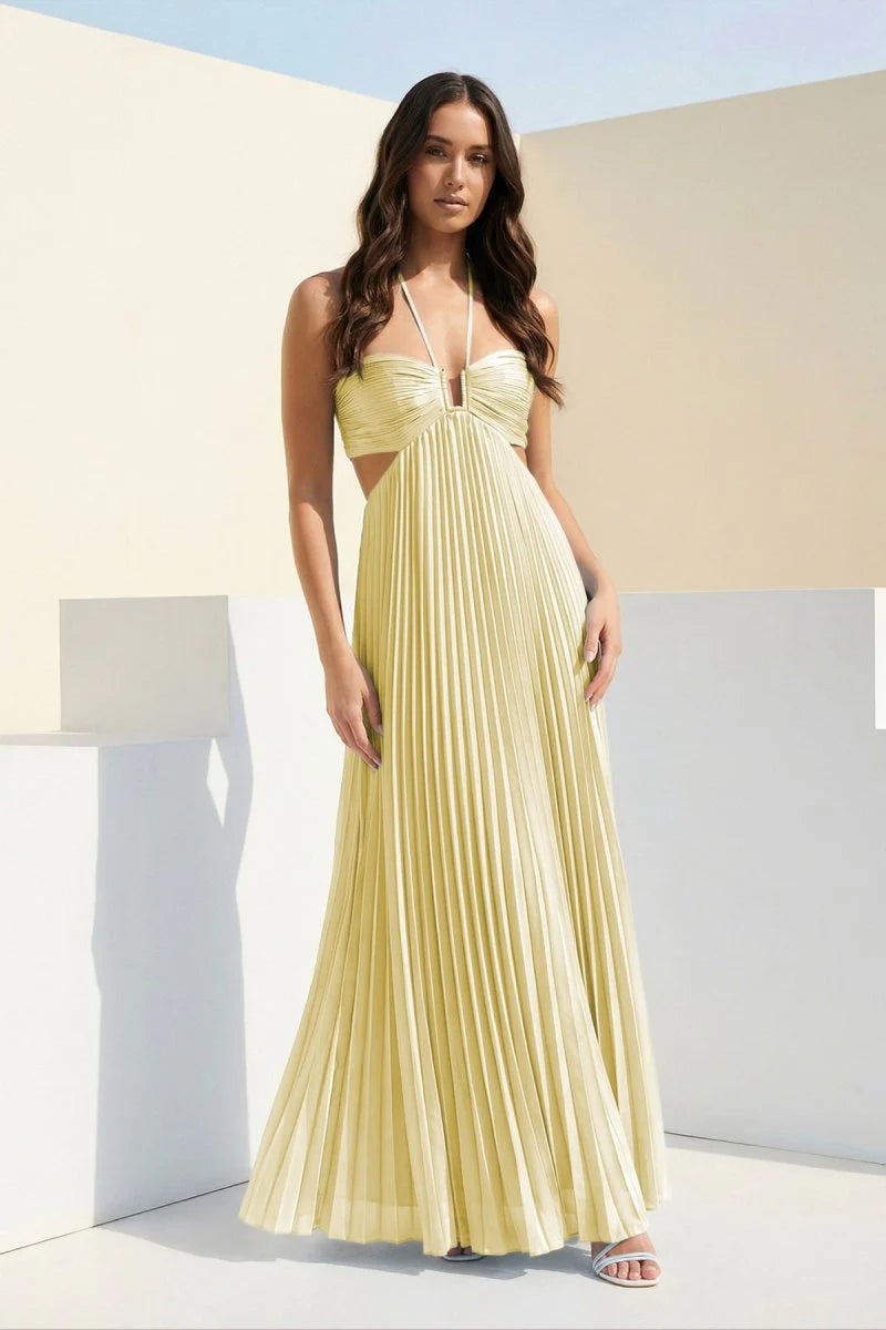 Sky Blue Halter Pleated Satin A Line Prom Dresses With Cutout