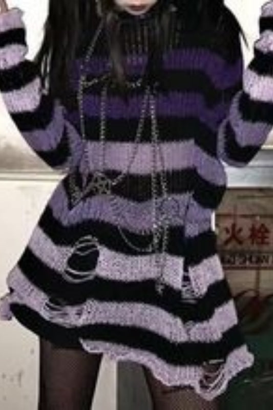 Goth Striped Ripped Long Sleeve Knitted Sweater