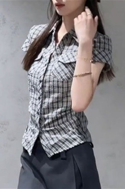Slim Fit Plaid Short Sleeve Blouse