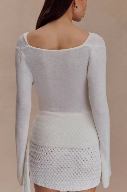 Sexy Slim-Fit Waist-Cinched Lace-Knit U-Neck Sweater