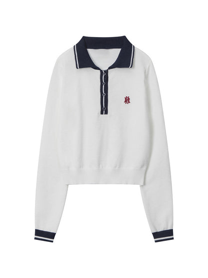Preppy Letter Embroidery Lapel Neck Long Sleeve Knit