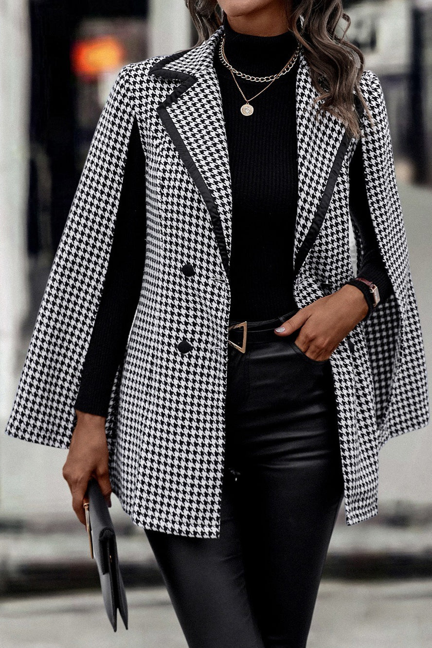 Tweed-style Houndstooth Split Long Sleeve Chic Blazer