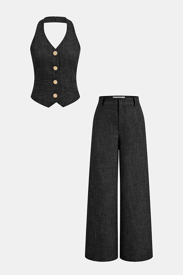 City Outfit Linen Blend Metal Button Halter Vest and Pocket Wide Leg Pants Set