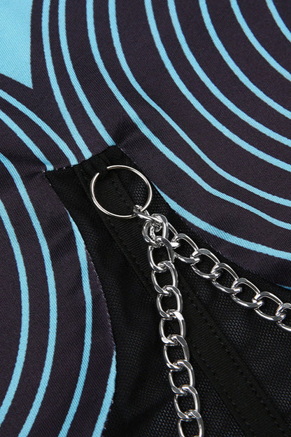 Fishbone Mesh Chain-Detail Top High-Waisted Printed Shorts Two Pieces Set