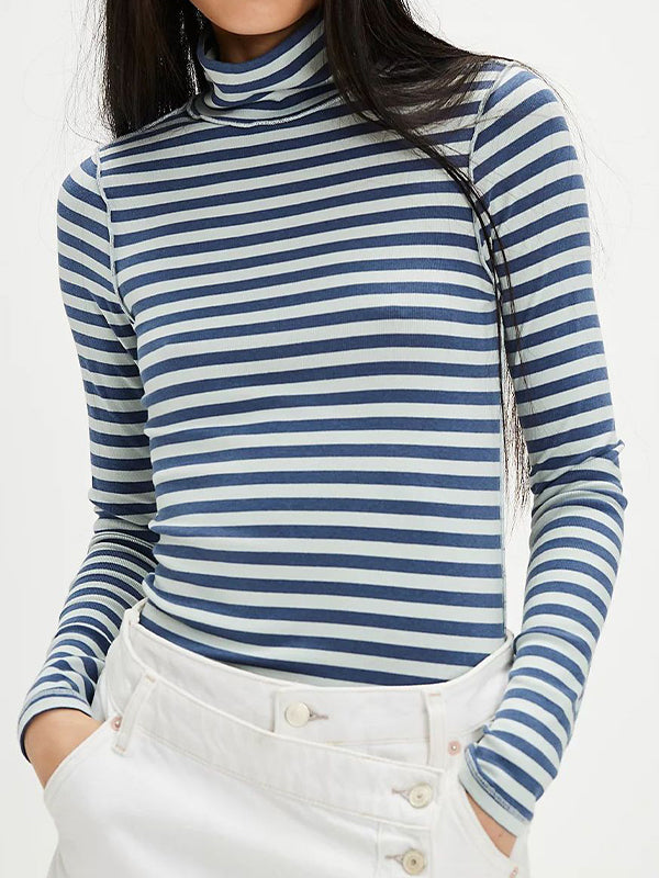 High Collar Striped Long Sleeve Tee