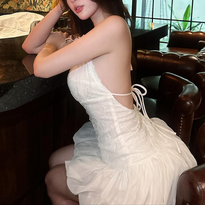 Halter self tie lace backless mini dress  | Festival Outfits Women