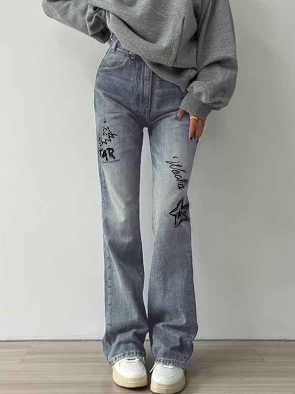 Star Letter Graffiti Print Flare Jeans